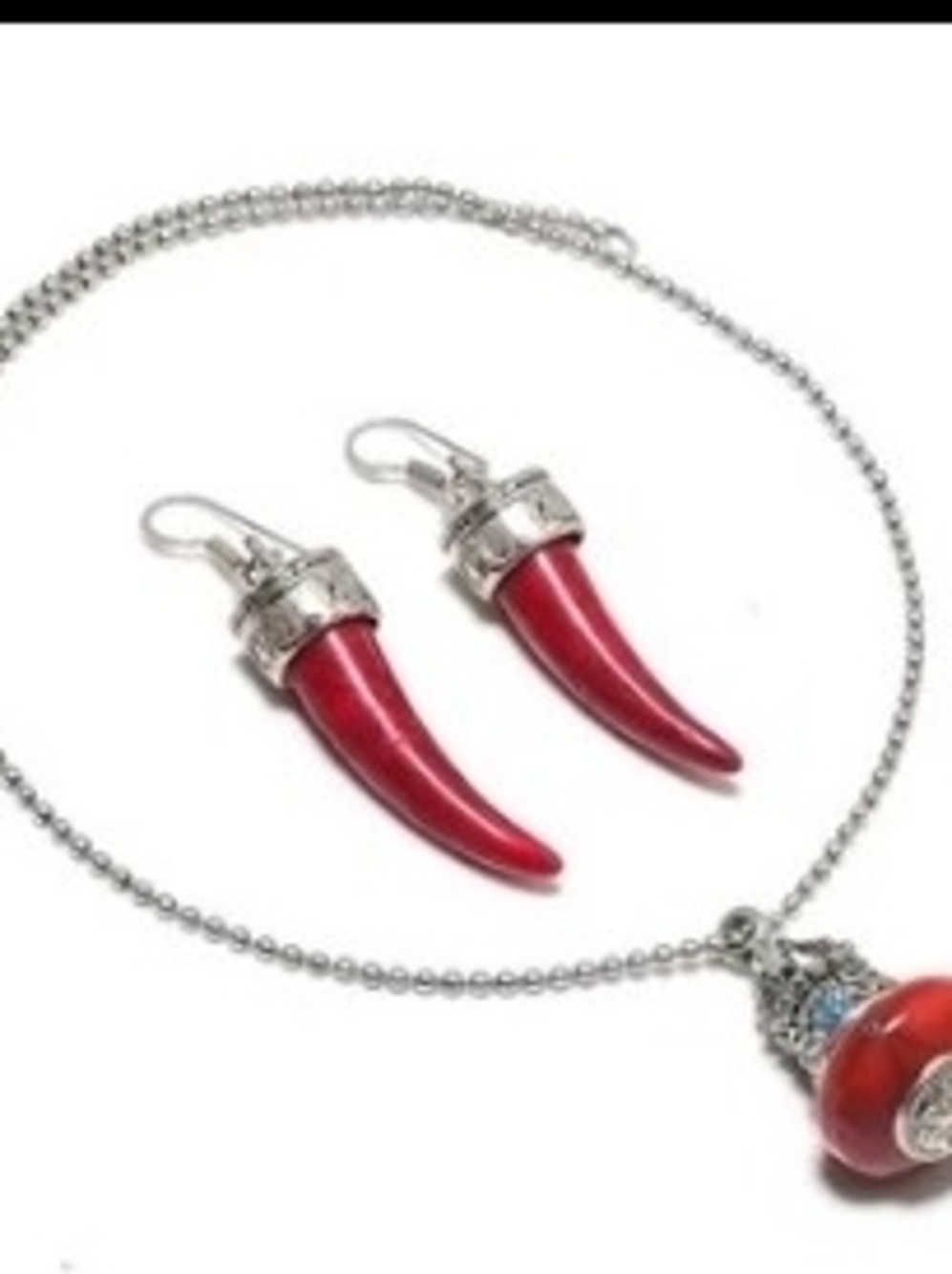 Italian Red Coral Pendant Necklace & Earring Set 925 Silver Plated